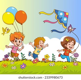 Children fly kites. Happy kids running and launch air toys together in nature