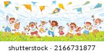 Children fly kites into the sky. Funny cartoon character. Vector illustration. Panorama. Banner