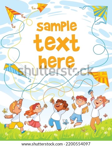 Children fly kites into the sky. Funny cartoon character. Vector illustration. Ready design for cover or poster