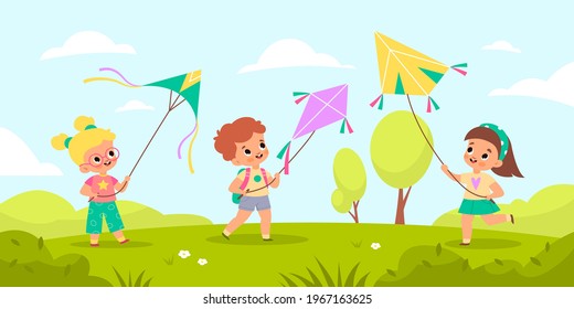 Children fly kites. Kids launching air toys in nature, outdoor games and hobbies, friends play together in summer park landscape, boys and girls with controlled kite vector cartoon concept