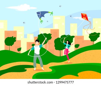 Children fly kites in nature, among the hilly landscape, trees and the rear panorama of high-rise buildings of the city. Abstract fantasy vector in cartoon style