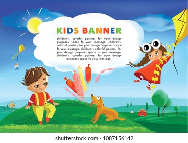 Children fly to new summer adventures, funny vector cartoon, ready for your message. Funny vector cartoon scene, little boy is sitting with a dog.Vector Illustration.  
