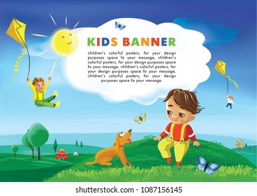 Children fly to new summer adventures, funny vector cartoon, ready for your message. Funny vector cartoon scene, little boy is sitting with a dog.Vector Illustration.  