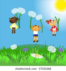 Children fly on dandelions