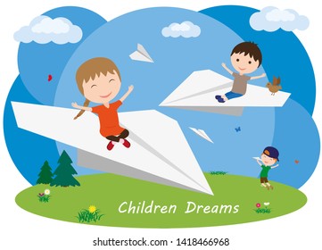 Children fly on paper airplanes. Children dreams. Boy launches a paper airplane.