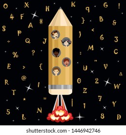 children fly on a rocket into space. the concept of learning. children aspire to science