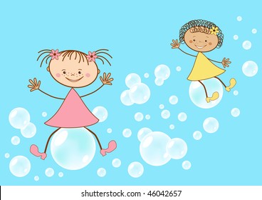 Children fly on soap bubbles. Vector illustration.