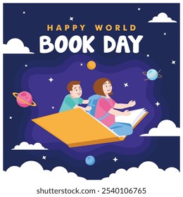 Los niños vuelan con libros abiertos. Leer libros puede aumentar la comprensión y el conocimiento. Concepto del Día Mundial del Libro. Ilustración vectorial plana.