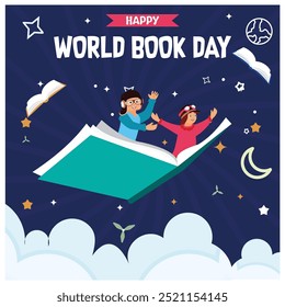 Children fly over books. Read books to increase insight and knowledge. Happy Book Day concept. Flat vector illustration.