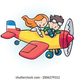 children fly in a yellow plane and take photos
