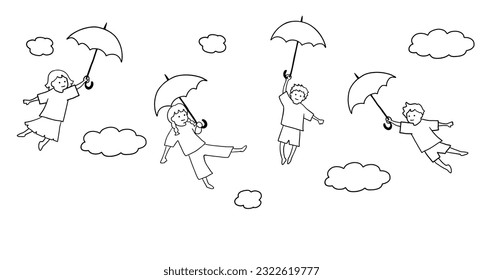 Children flying above the clouds with umbrella