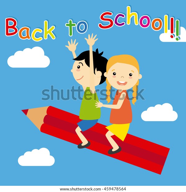 Children flying\
above a pencil. back to\
school