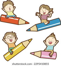 Children flying astride big colorful pencils