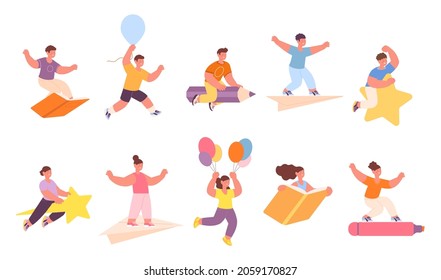 Children flying. Child fly, flight on book, pencil, star and paper plane. Cartoon ready to study kids, happy creative mind. Freedom utter vector characters