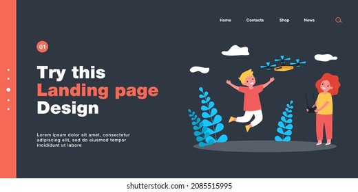 Children flying drone outside. Girl controlling drone with remote, boys running and jumping flat vector illustration. Technology, entertainment concept for banner, website design or landing web page