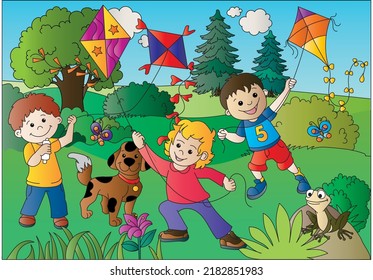 Children flying kites in the countryside. Color worksheet.