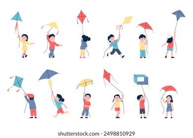 Children with flying kites. Kid play with paper kite, kiteflying. Boy girl outdoor seasonal activity with toys. Flat playing recent vector characters