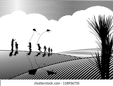 Children Flying Kites Silhouette In Black And White, Woodcut