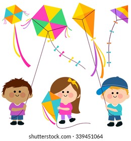 Children flying kites. Vector illustration