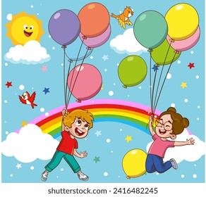 Children flying on balloons in the sky with rainbows and clouds illustration