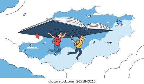 Crianças Voando em um Livro Gigante Através de Nuvens Explorando Imaginação e Aprender Aventuras