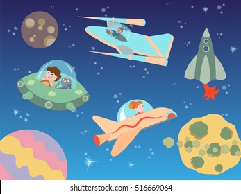 Children flying on spacecraft in outer space among planets and stars. Vector illustration.