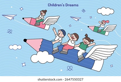 Children Flying Through the Sky on Pencils