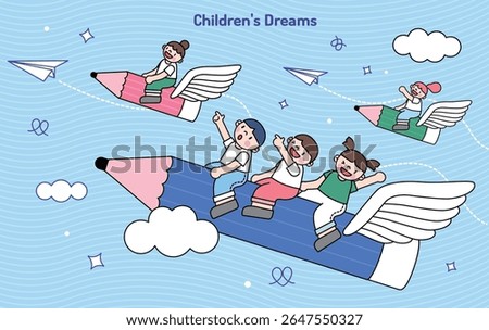 Children Flying Through the Sky on Pencils