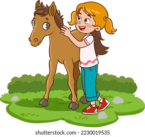 children and foal cartoon vector