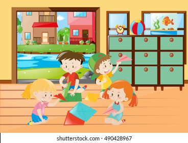 Children Folding Paper Airplane In Living Room Illustration