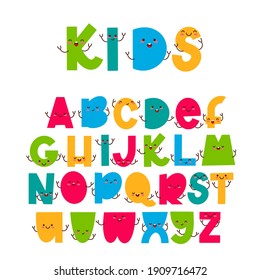 Children font in the cartoon style. Funny letters with cute faces. Colorful typography. Vector alphabet.