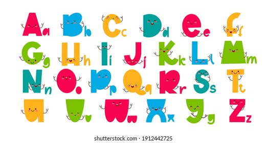 Children font in the cartoon style. Funny letters with cute faces. Colorful typography. Vector alphabet.