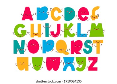 Children font in the cartoon style. Funny letters with cute faces. Colorful typography. Vector alphabet.