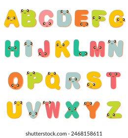 Children font in the cartoon style. Funny letters with cute faces. Vector alphabet.