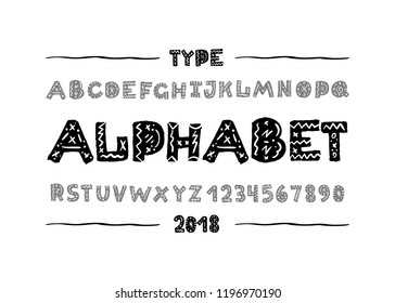 Children font. Hand drawn type face. Vector typography illustration. Alphabet design for logo, lettering and prints.