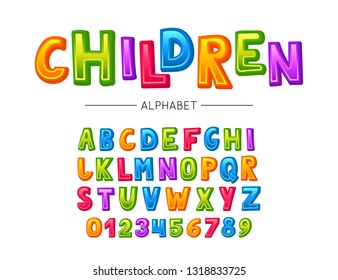 Children font. Vector colorful kids alphabet with letters and numbers