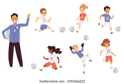 Children football soccer team coach and players, vector illustration isolated.