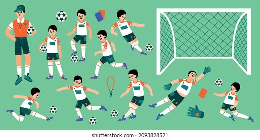 Selección de fútbol infantil con equipo plano con entrenador y chicos jugando fútbol en campo verde ilustración vectorial aislada