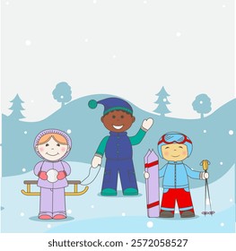 Children in the forest in winter, children with sleds, children in warm clothes, girl making snowball, sled, boy with skis, cheerful children in the forest, kids playing