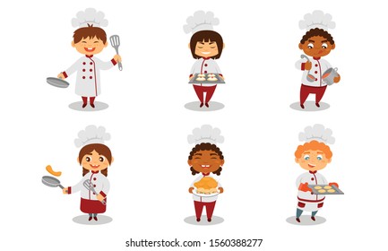 Children in the form of cooks with utensils. Vector illustration.