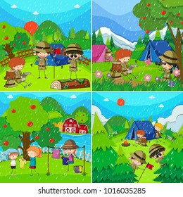 Children in four different scenes with rainy season illustration