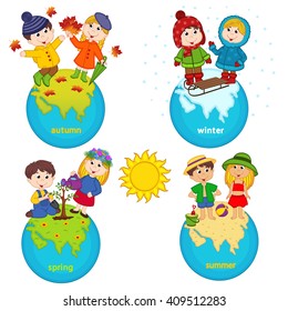 children and four seasons on the planet - vector illustration, eps
