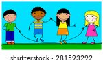 Children - four young kids of different ethnic groups jumping rope, over a blue and green background. Cartoon type illustration. Editable vector.