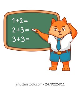 Children fox thinking idea and chalkboard.A student solves a math problem at the blackboard.
Fox character cartoon schoolboy.Student in trouble.Solves mathematical problem.