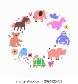 Children frame with cute animals and empty space in flat style. Cute illustration for children's room design, postcards, prints for clothes. Vector