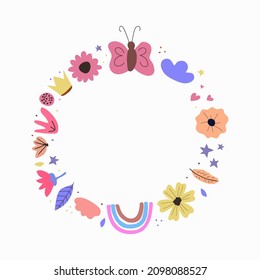Kinder rahmen mit Blumen und Blättern in flachem Stil. Cute Illustration für Kinderzimmer Design, Postkarten, Drucke für Kleidung. Vektorgrafik