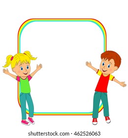 children frame. kids, boy and girl smiling and waving, illustration, vector