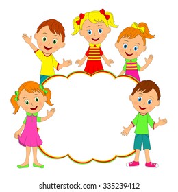 Children frame. kids, boys and girls smiling and waving, illustration, vector