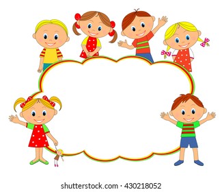 Children frame. kids, boys and girls smiling and waving, illustration, vector