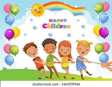 children with friend and 123 numbers, Design of space figures and children's cartoon characters.Vector Illustration Isolated on the background of the sky, the sun and the rainbow across the clouds.	